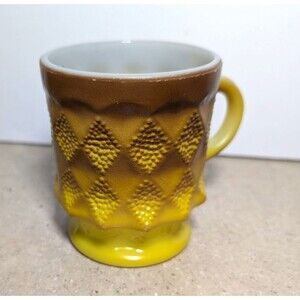 ANCHOR HOCKING Fire King Kimberly Diamond Mug Coffee Cup Yellow & Brown VTG